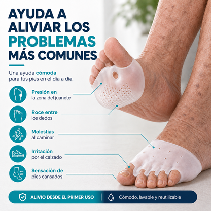 Almohadilla ortopédica para juanetes Sanalvia en silicona blanca
            Detalle de la silicona transpirable de la almohadilla para juanetes
            Almohadilla para juanetes puesta en el pie, separador de dedos